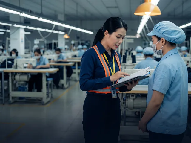 Đánh giá viên trao đổi với công nhân trong buổi audit trách nhiệm xã hội tại nhà máy may