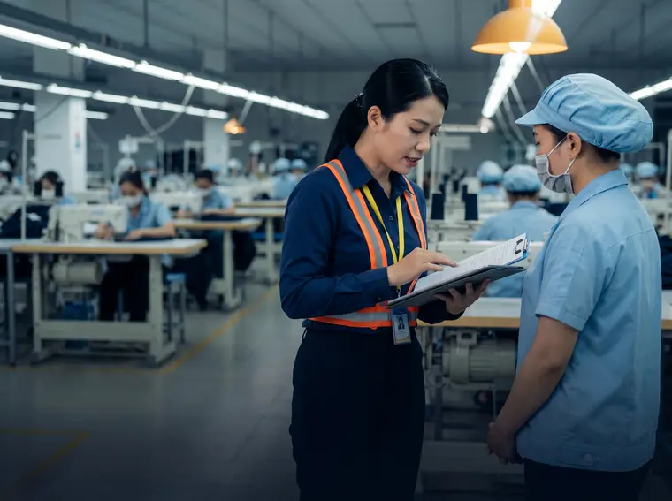 Đánh giá viên trao đổi với công nhân trong buổi audit trách nhiệm xã hội